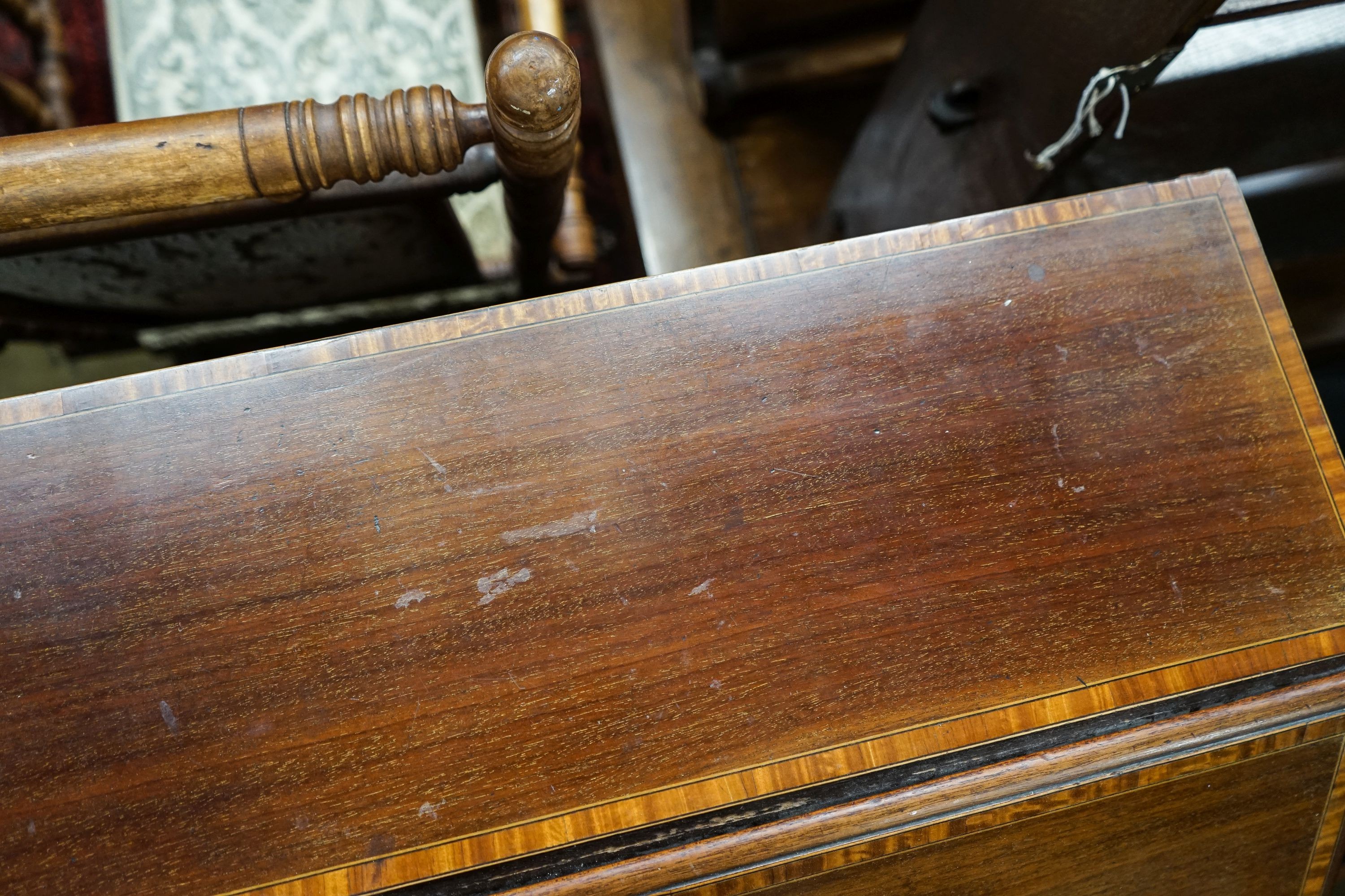 An Edwardian satinwood banded mahogany bureau, width 76cm, depth 46cm, height 98cm